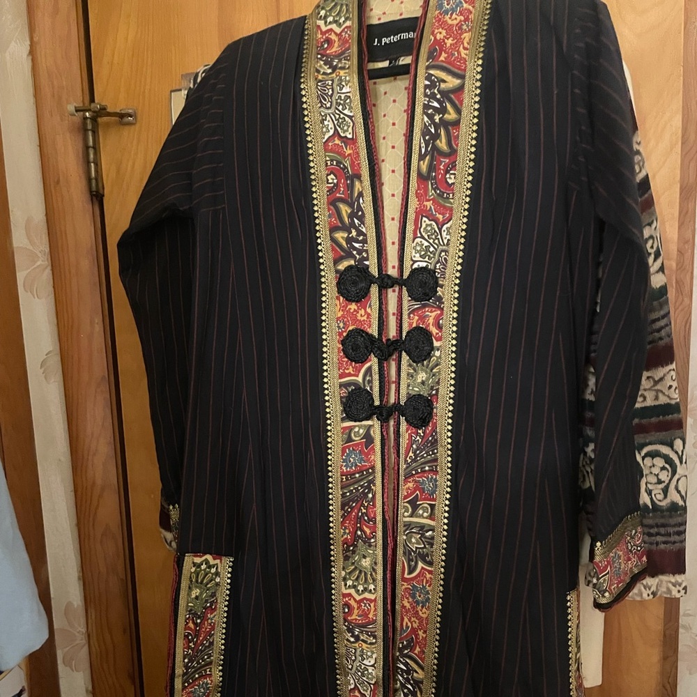 Vintage J. Peterman Tamerlane Indian Caftan Coat Size 6 Black Gold Boho